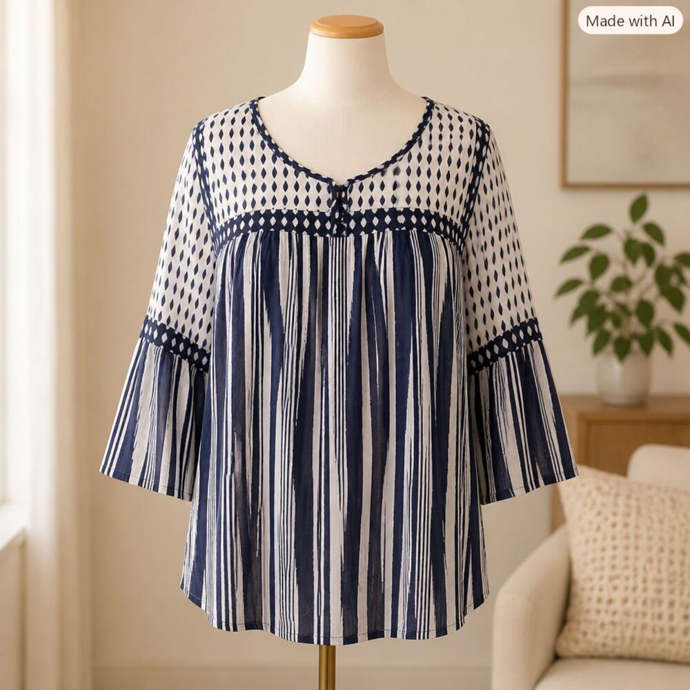 Style & Co. Navy and White Mixed-Print Peasant Tunic EUC -3X